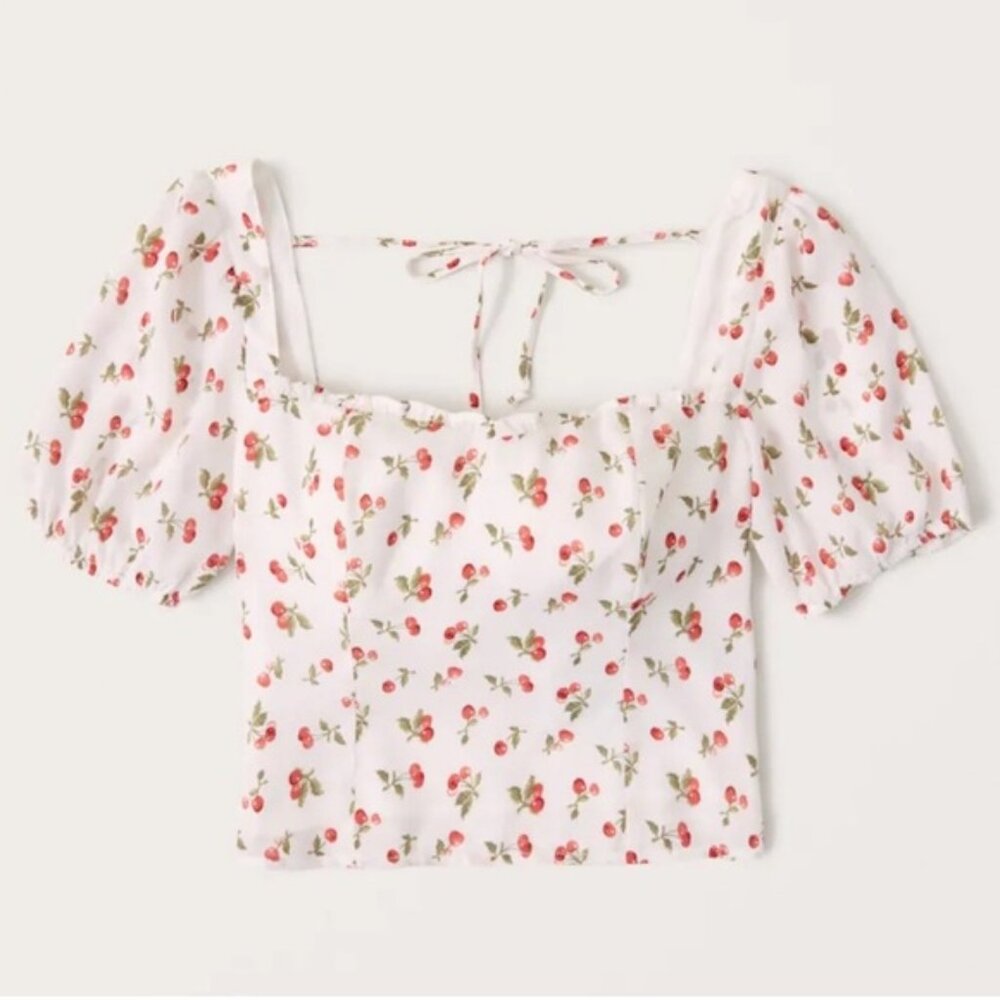 Abercrombie & Fitch Square Neck Puff Sleeve Top Cherry Print Size XS
